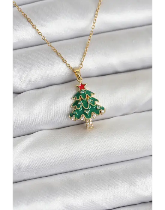 316L Çelik Zincir Gold Renk Çam Ağacı Model Yılbaşı Temalı Kadın Kolye