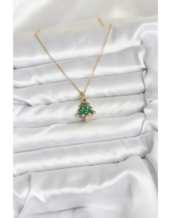 316L Çelik Zincir Gold Renk Çam Ağacı Model Yılbaşı Temalı Kadın Kolye