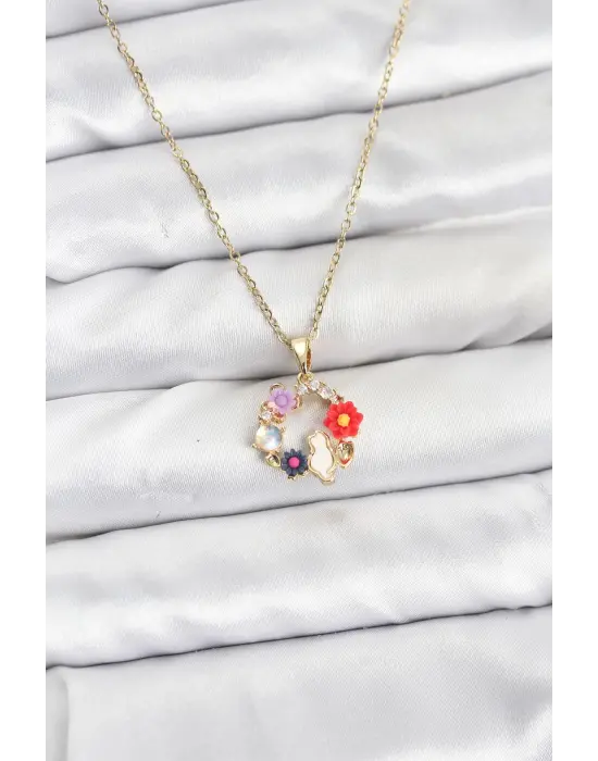 316L Çelik Zincir Gold Renk Çiçekli Kedili Model Kadın Kolye