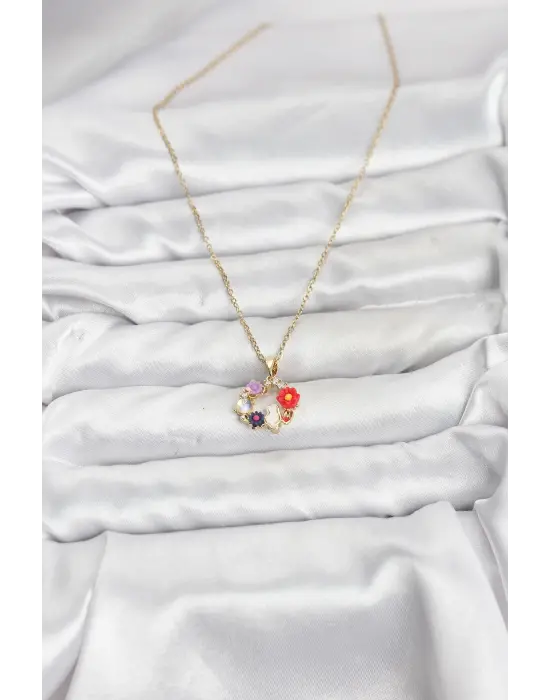 316L Çelik Zincir Gold Renk Çiçekli Kedili Model Kadın Kolye