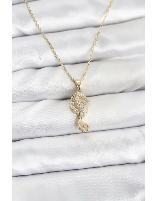 316L Çelik Zincir Gold Renk Deniz Atı Model Zirkon Taşlı Kadın Kolye