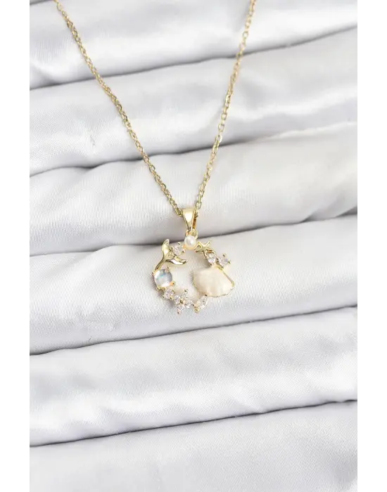 316L Çelik Zincir Gold Renk Deniz Tema Model Zirkon Taşlı Kadın Kolye