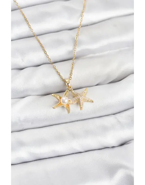 316L Çelik Zincir Gold Renk Deniz Yıldızı Model Zirkon Taşlı Kadın Kolye