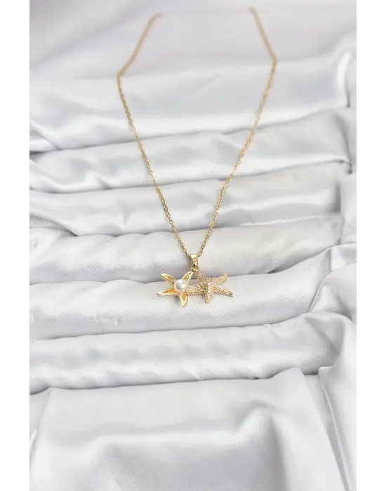 316L Çelik Zincir Gold Renk Deniz Yıldızı Model Zirkon Taşlı Kadın Kolye