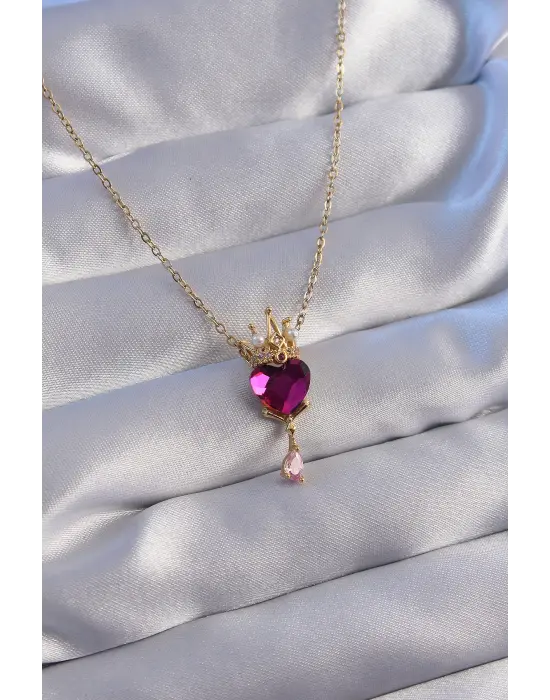  Zincir Altın  Fuşya Zirkon Taşlı Damla Detay Rapunzel Model Çelik Kolye