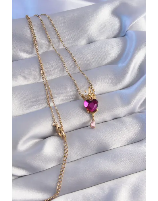  Zincir Altın  Fuşya Zirkon Taşlı Damla Detay Rapunzel Model Çelik Kolye