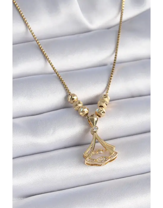  Zincir Altın  Gingko Yaprağı Model Zirkon Taşlı  Çelik Kolye