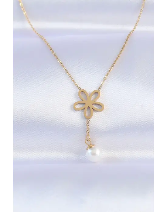  Zincir Altın  İnci Detay Çiçek Çelik Kolye
