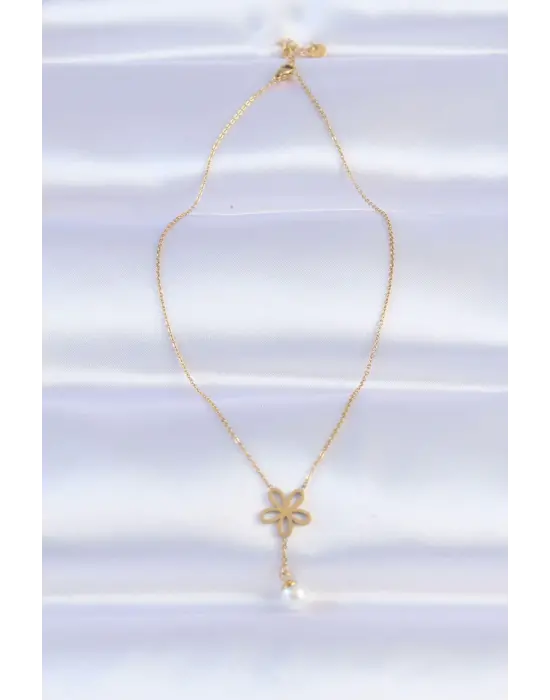  Zincir Altın  İnci Detay Çiçek Çelik Kolye