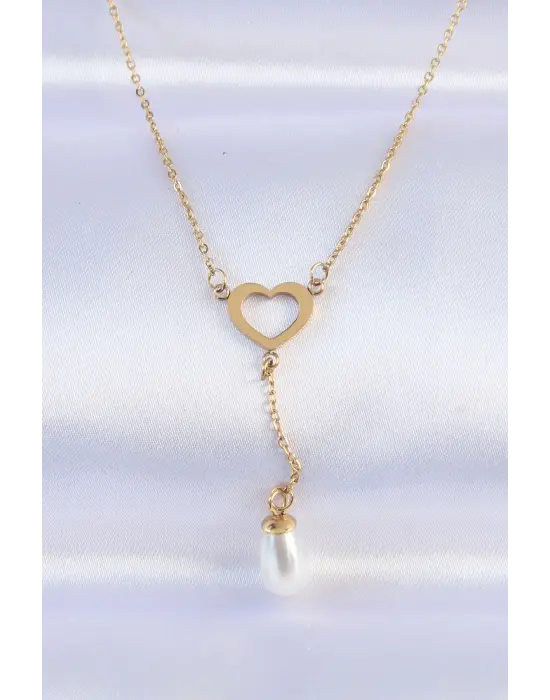  Zincir Altın  İnci Taş Detay Kalp Çelik Kolye