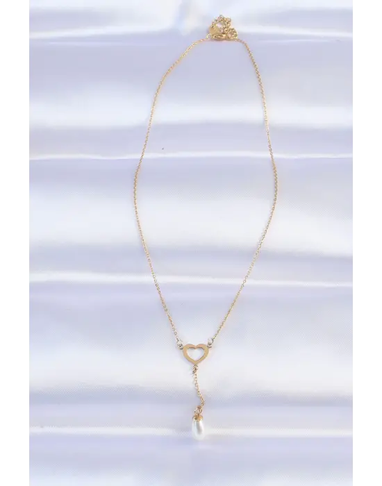  Zincir Altın  İnci Taş Detay Kalp Çelik Kolye