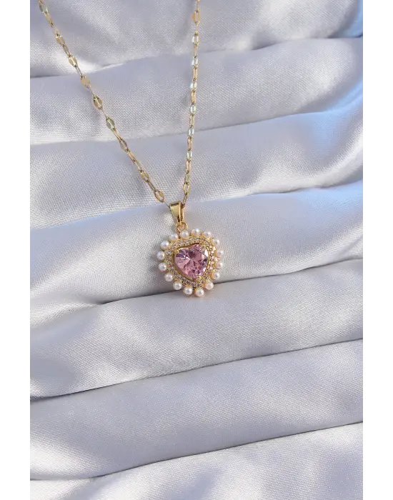  Zincir Altın  İncili Pembe Zirkon Taşlı Kalp Çelik Kolye