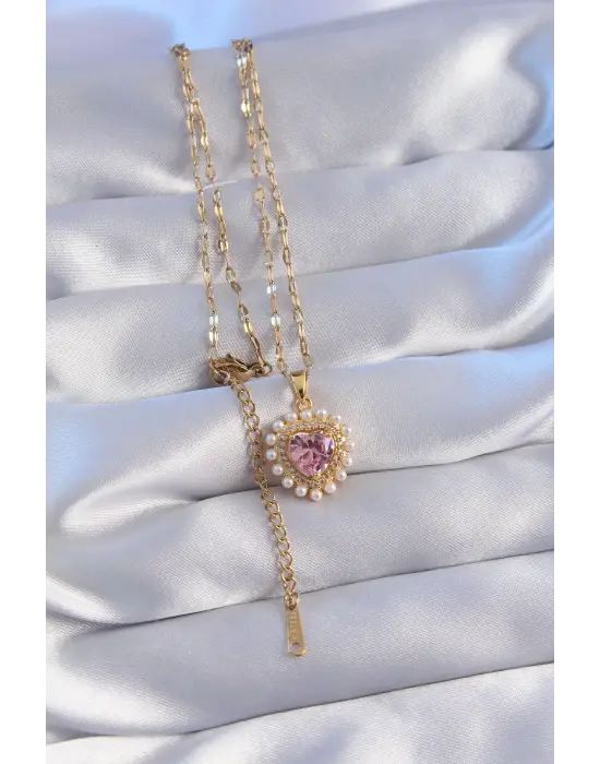  Zincir Altın  İncili Pembe Zirkon Taşlı Kalp Çelik Kolye