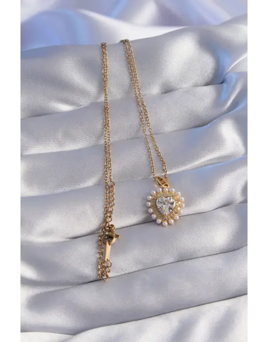  Zincir Altın  İncili Zirkon Taşlı Kalp Tasarımlı Çelik Kolye