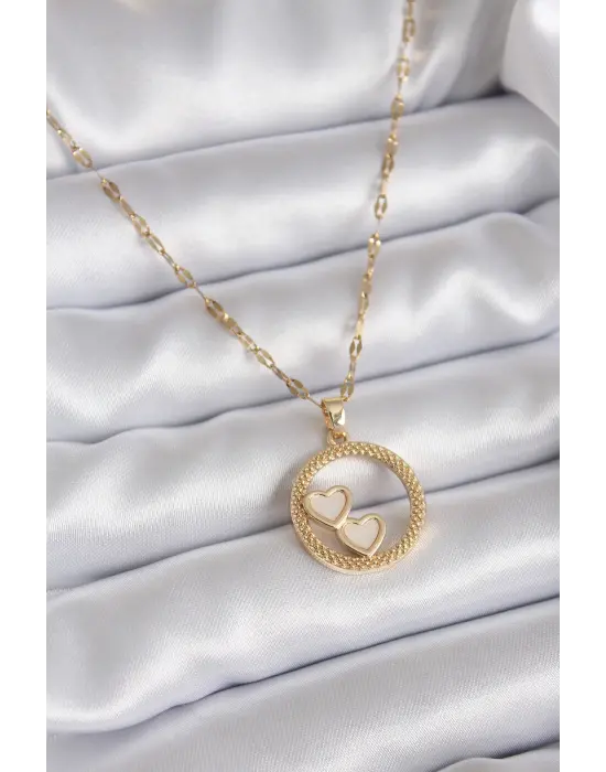  Zincir Altın  İşleme Detay Halka Kalp Model  Çelik Kolye