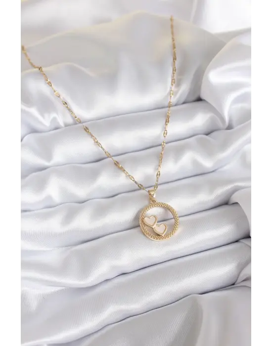  Zincir Altın  İşleme Detay Halka Kalp Model  Çelik Kolye