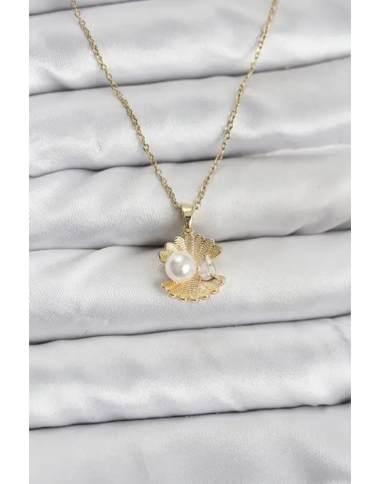 316L Çelik Zincir Gold Renk İstiridye İnci Model Zirkon Taşlı Kadın Kolye