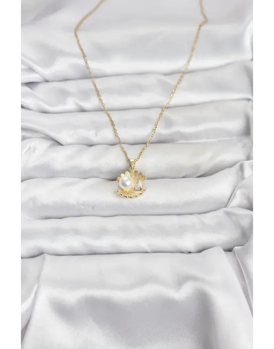 316L Çelik Zincir Gold Renk İstiridye İnci Model Zirkon Taşlı Kadın Kolye