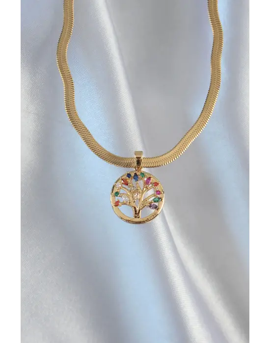  Zincir Altın  İtalyan Zincir li Zirkon Taşlı Yaşam Ağacı Çelik Kolye