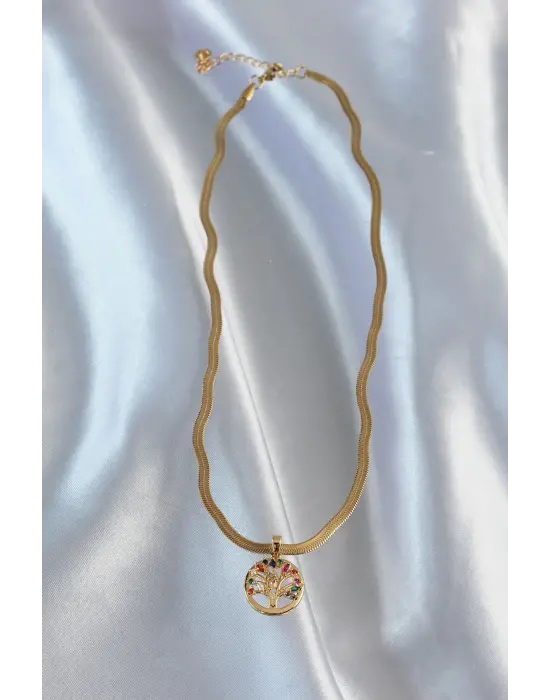  Zincir Altın  İtalyan Zincir li Zirkon Taşlı Yaşam Ağacı Çelik Kolye