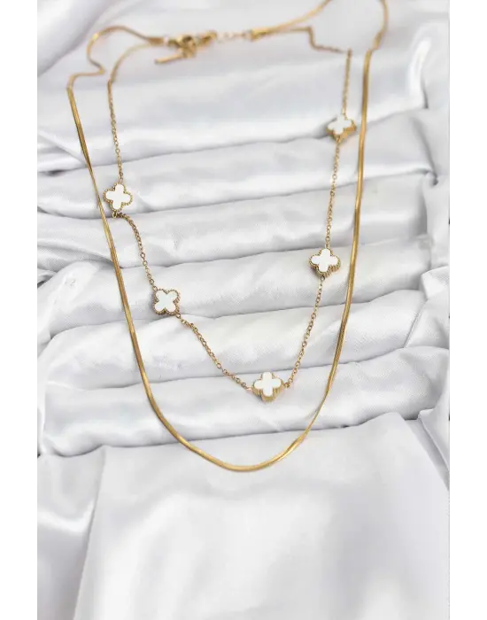 316L Çelik Zincir Gold Renk İtalyan Zincirli Yonca Model Kadın Kolye