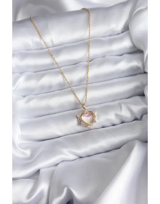  Zincir Altın  Kalp  Çelik Kolye