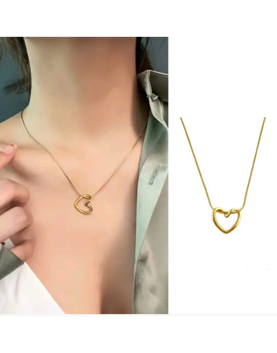  Zincir Altın  Kalp Model  Çelik Kolye