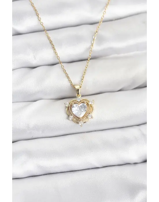 316L Çelik Zincir Gold Renk Kalp Model Zirkon Taşlı Kadın Kolye