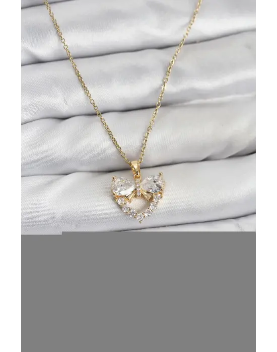 316L Çelik Zincir Gold Renk Kalp ve Fiyonk Model Zirkon Taşlı Kadın Kolye
