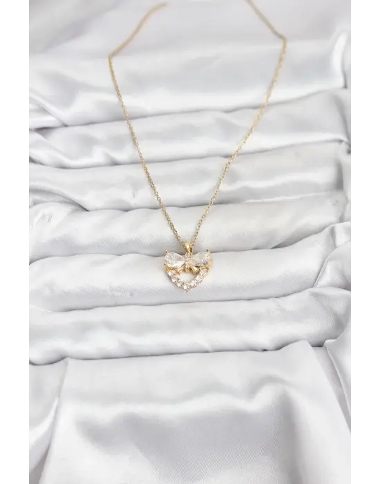 316L Çelik Zincir Gold Renk Kalp ve Fiyonk Model Zirkon Taşlı Kadın Kolye