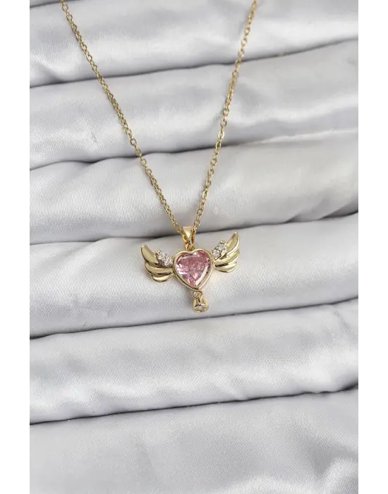 316L Çelik Zincir Gold Renk Kanatlı Kalp Model Zirkon Taşlı Kadın Kolye