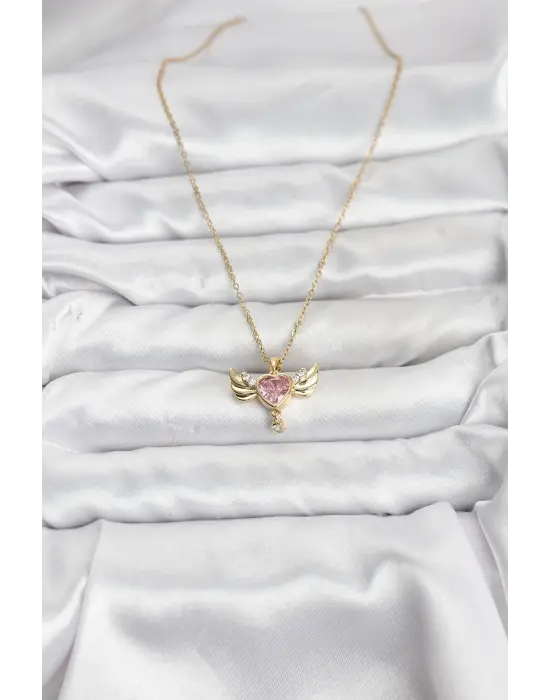 316L Çelik Zincir Gold Renk Kanatlı Kalp Model Zirkon Taşlı Kadın Kolye