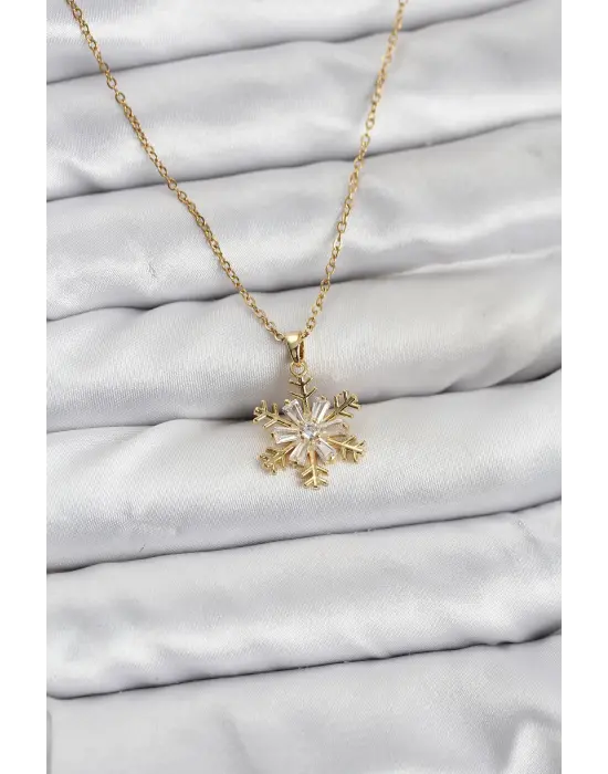 316L Çelik Zincir Gold Renk Kar Tanesi Model Zirkon Taşlı Kadın Kolye
