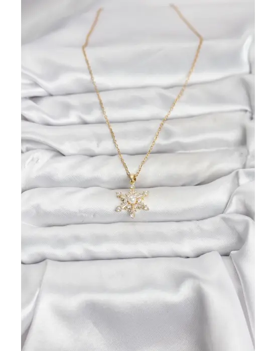 316L Çelik Zincir Gold Renk Kar Tanesi Model Zirkon Taşlı Kadın Kolye