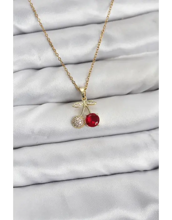 316L Çelik Zincir Gold Renk Kiraz Model Zirkon Taşlı Kadın Kolye