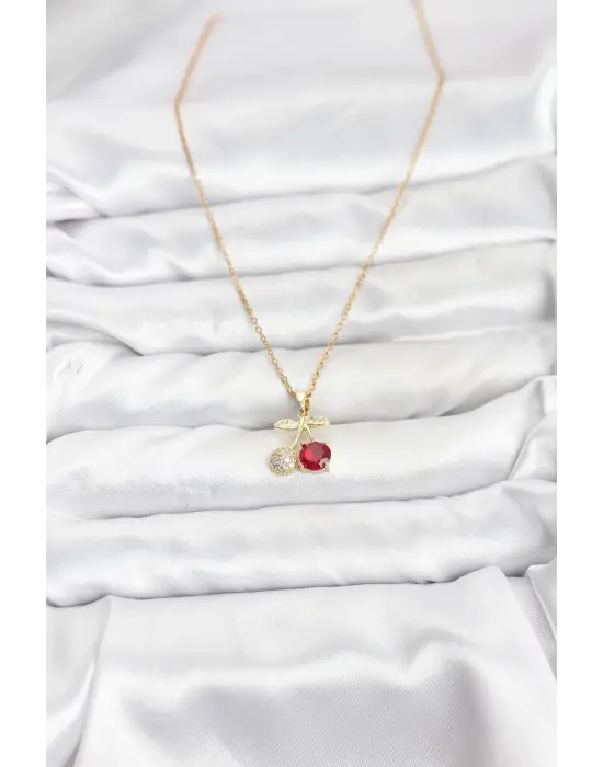 316L Çelik Zincir Gold Renk Kiraz Model Zirkon Taşlı Kadın Kolye