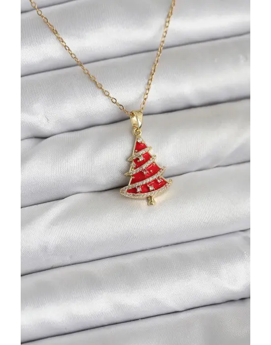 316L Çelik Zincir Gold Renk Kırmızı Çam Ağacı Model Yılbaşı Temalı Kadın Kolye