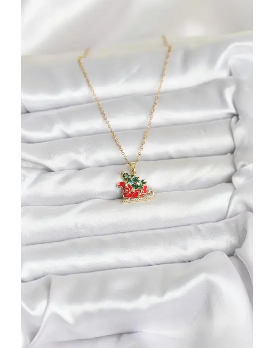 316L Çelik Zincir Gold Renk Kızak ve Çam Ağacı Figürlü Yılbaşı Temalı Kadın Kolye