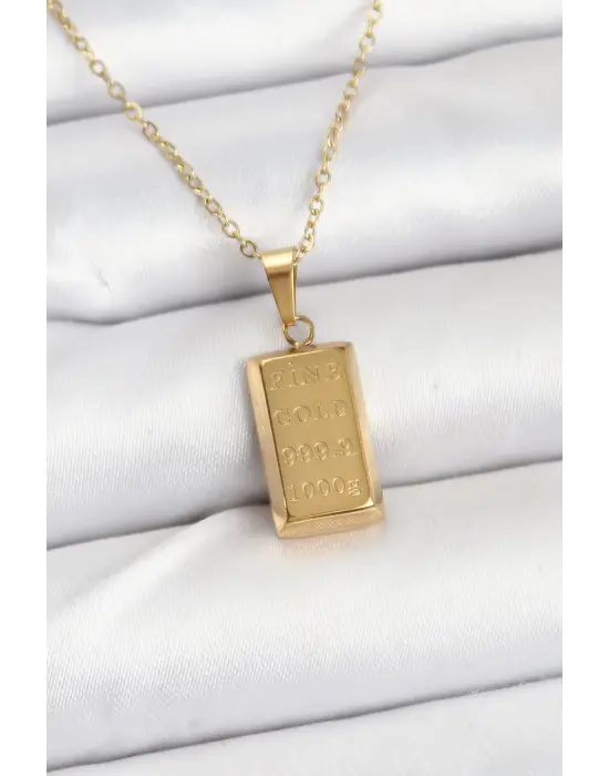 316L Çelik Zincir Gold Renk Külçe Altın Model Kadın Kolye