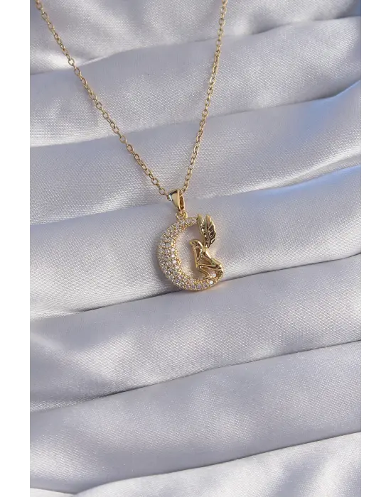  Zincir Altın  Kuş Figürlü Zirkon Taşlı Ay Tasarımlı Çelik Kolye