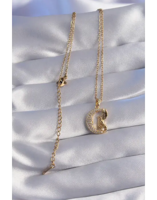  Zincir Altın  Kuş Figürlü Zirkon Taşlı Ay Tasarımlı Çelik Kolye