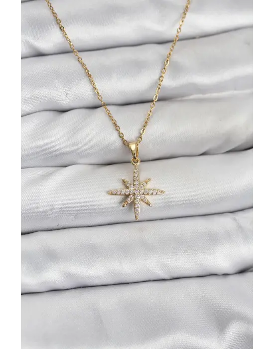 316L Çelik Zincir Gold Renk Kutup Yıldızı Model Zirkon Taşlı Kadın Kolye