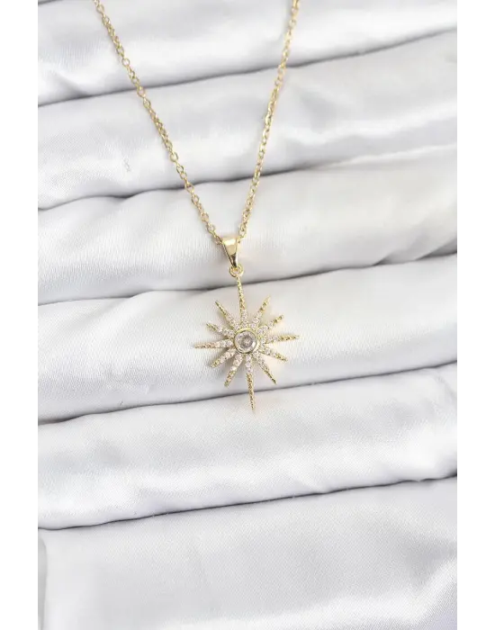 316L Çelik Zincir Gold Renk Kutup Yıldızı Model Zirkon Taşlı Kadın Kolye