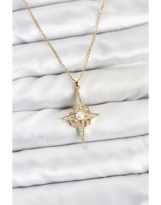 316L Çelik Zincir Gold Renk Kutup Yıldızı Model Zirkon Taşlı Kadın Kolye