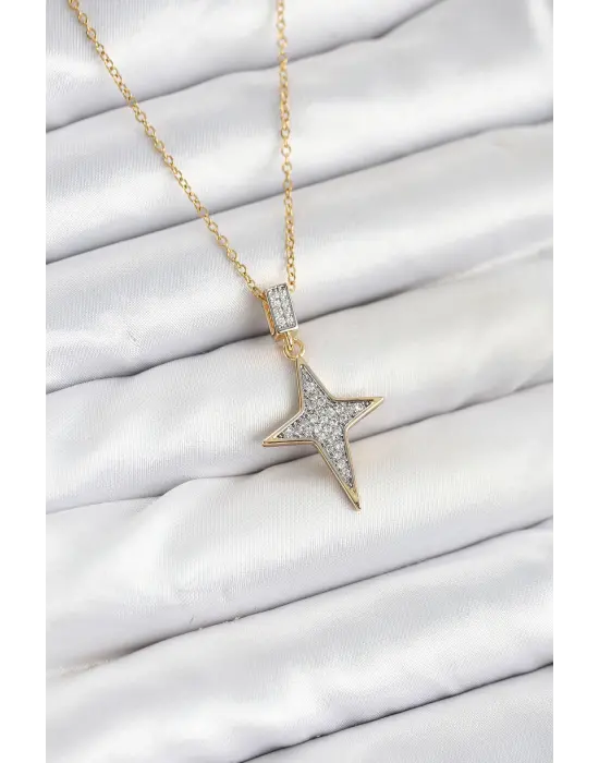 316L Çelik Zincir Gold Renk Kutup Yıldızı Model Zirkon Taşlı Kadın Kolye