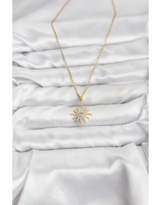 316L Çelik Zincir Gold Renk Kutup Yıldızı Model Zirkon Taşlı Kadın Kolye
