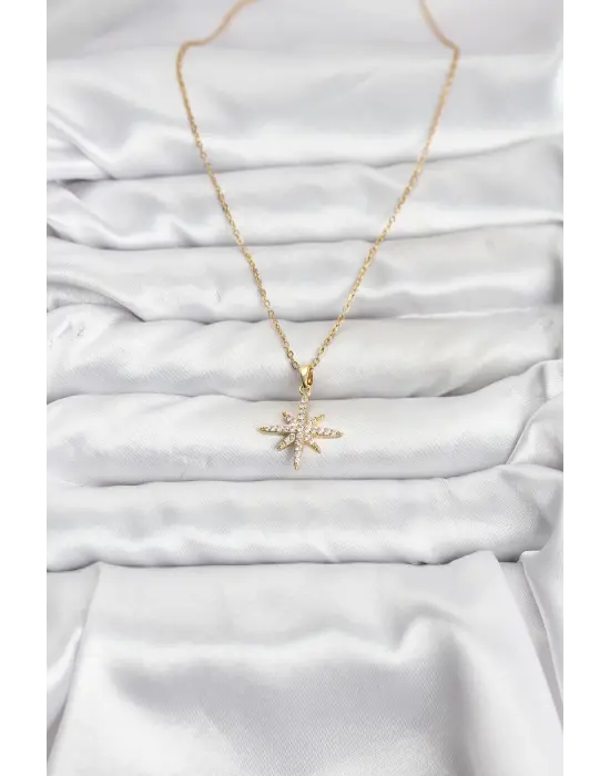316L Çelik Zincir Gold Renk Kutup Yıldızı Model Zirkon Taşlı Kadın Kolye