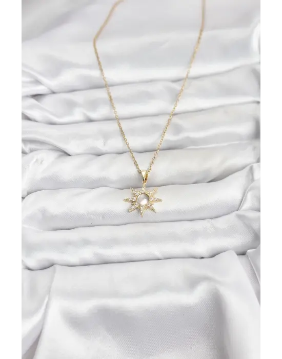 316L Çelik Zincir Gold Renk Kutup Yıldızı Model Zirkon Taşlı Kadın Kolye