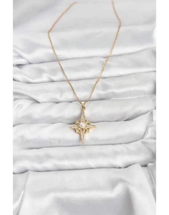 316L Çelik Zincir Gold Renk Kutup Yıldızı Model Zirkon Taşlı Kadın Kolye