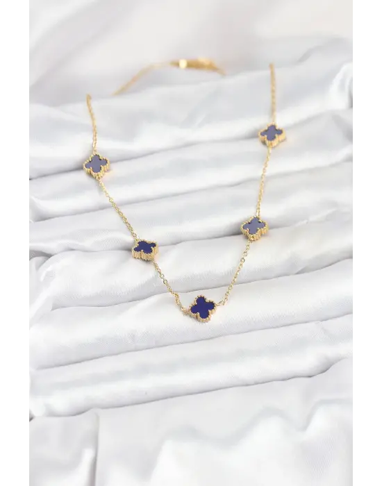 316L Çelik Zincir Gold Renk Lacivert Baby Boy Yonca Kadın Kolye